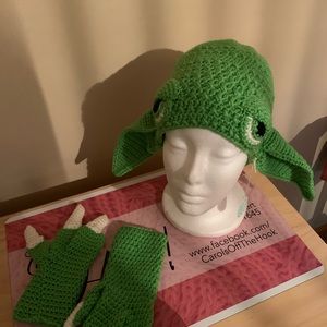 Hand crocheted yoda hat and mittens.